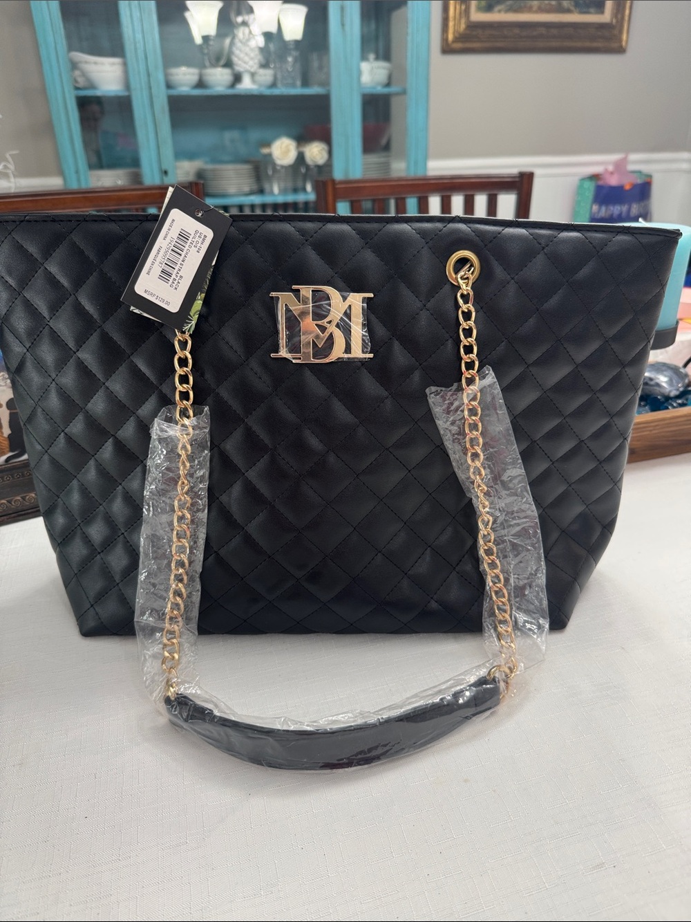 Badgley Mischka Black Quilted Tote with Gold Chain Handles - NWT